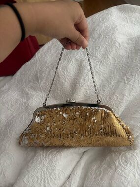 Gold Sequin Evening Clutch with Chain Strap